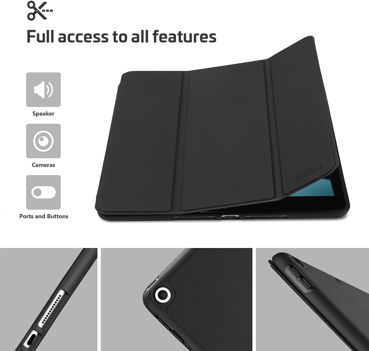 Funda ProCase para iPad 10.2 (9.ª generación 2021/8.ª generación 2020/7.ª generación 2019) con portalápices y carcasa trasera de TPU suave, fina y estable, con función atril para iPad de 10.2", color negro