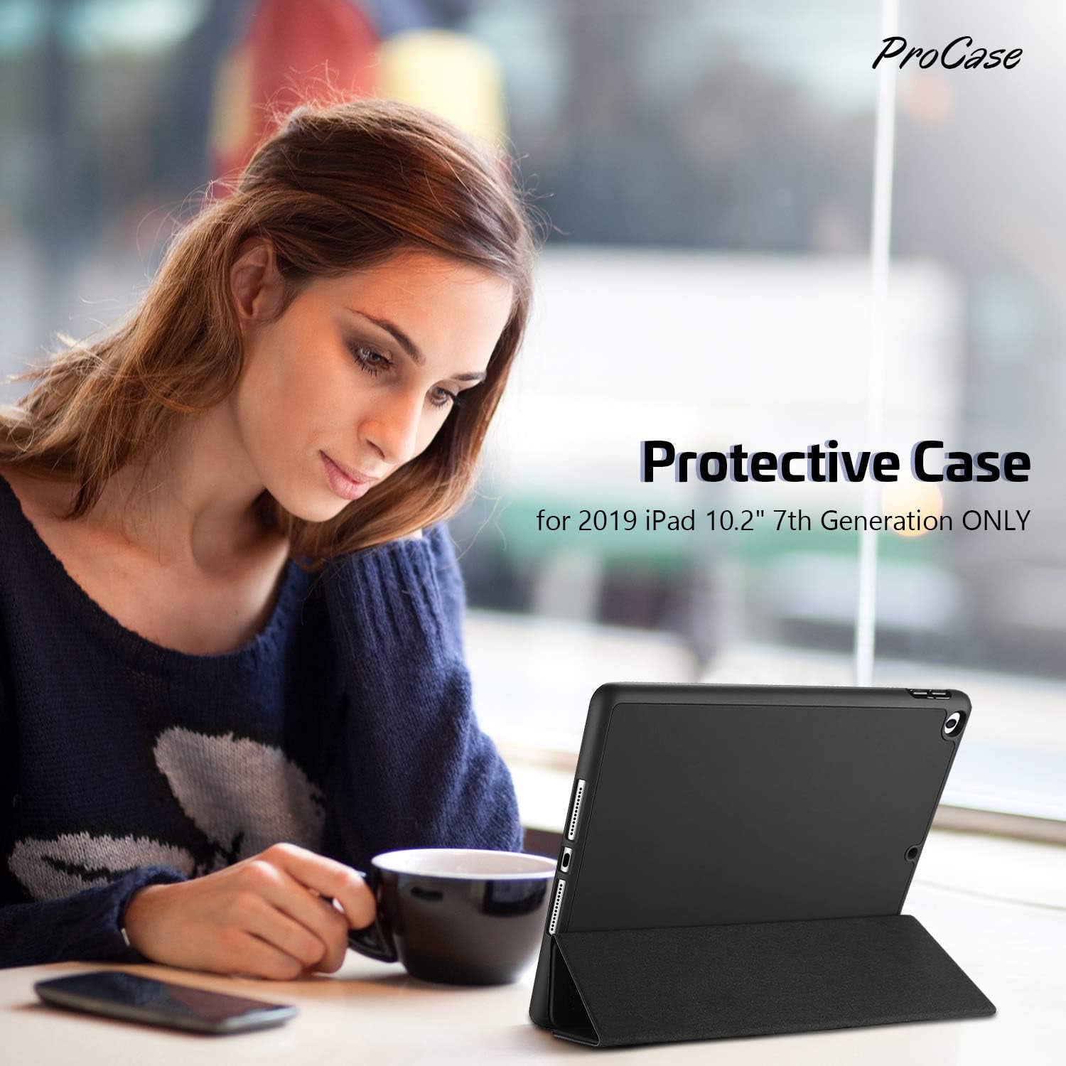 Funda ProCase para iPad 10.2 (9.ª generación 2021/8.ª generación 2020/7.ª generación 2019) con portalápices y carcasa trasera de TPU suave, fina y estable, con función atril para iPad de 10.2", color negro